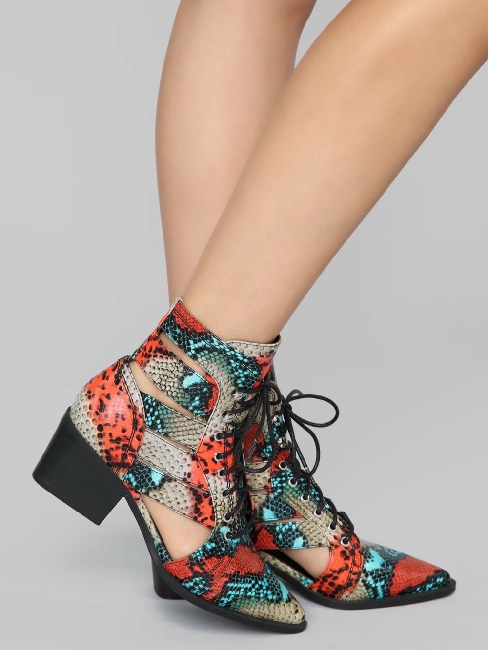 Fashion Nova Orange Teal Snakeskin Lace-Up Cutout Boots